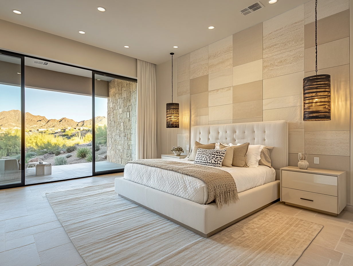 Luxury master bedroom after VSI staging — Desert Modern style Paradise Valley Arizona